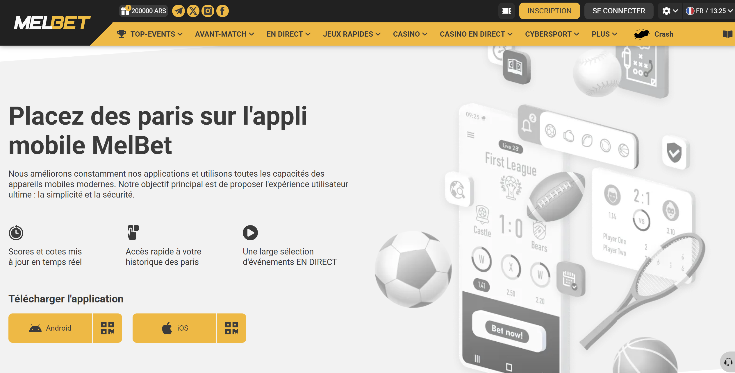 Page téléchargement application mobile Melbet - boutons Android et iOS